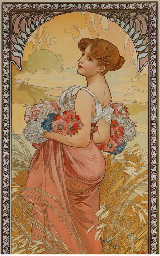 独角鹿西洋古董新艺术时期穆夏签名原版版画春Printemps与夏Eté 商品图3