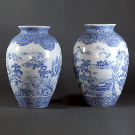 独角鹿西洋古董摆件1880年代日本出品蓝色对瓶