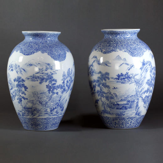 独角鹿西洋古董摆件1880年代日本出品蓝色对瓶 商品图0