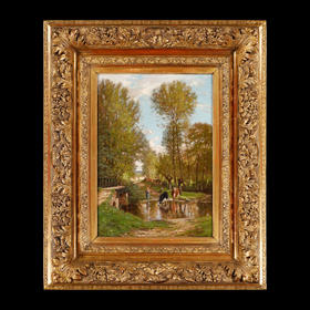 独角鹿西洋古董画家Charles Georget布面油画作品默伦郊外风景