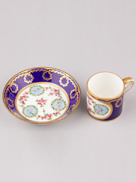 独角鹿西洋古董塞弗尔瓷器Commelin手绘描金彩色花卉帝王蓝釉杯碟 商品图1