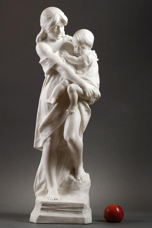 独角鹿西洋古董比利时Alphonse Van出品母子主题卡拉拉大理石雕像 商品图1