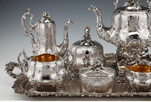 独角鹿西洋古董金银器工坊ODIOT签名洛可可风格纯银精雕茶具套件 商品图1