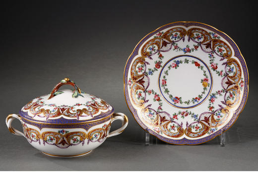 独角鹿西洋古董法国塞弗尔瓷器描金手绘花卉植物圆形带盖汤碗托盘 商品图2