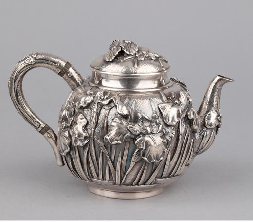 独角鹿西洋古董银器日本明治时期东方鸢尾主题纯银雕花下午茶套件 商品图4