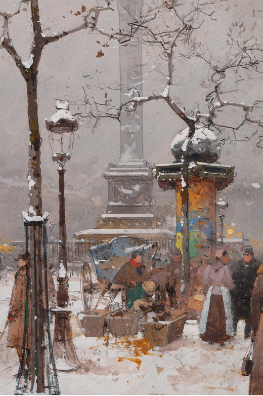 独角鹿西洋古董法国画家城市街景水粉画巴黎-热闹的巴士底广场 商品图2