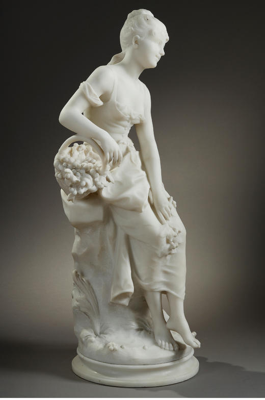 独角鹿西洋古董法国雕塑家签名新艺术风花篮少女卡拉拉大理石雕塑 商品图3