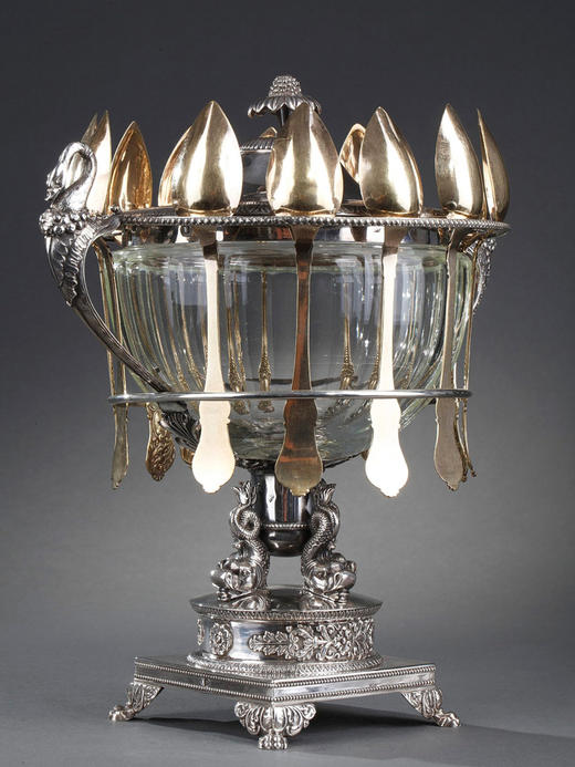 独角鹿西洋古董法国银匠帝政风格天鹅海豚纯银精雕水晶冰激凌樽 商品图2