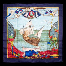 独角鹿西洋古董法国品牌《克里斯托弗·哥伦布发现美洲》方形丝巾