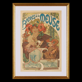 独角鹿西洋古董新艺术时期大师穆夏签名创作版画《默兹的啤酒》