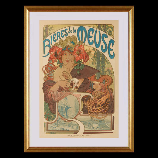 独角鹿西洋古董新艺术时期大师穆夏签名创作版画《默兹的啤酒》 商品图0