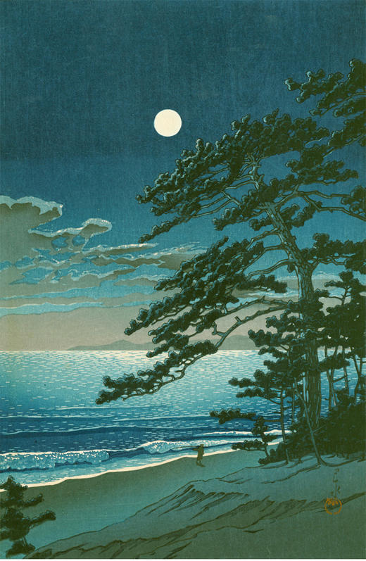 独角鹿西洋古董日本昭和时代川瀬巴水新版画《春の月 二宮海岸》 商品图1