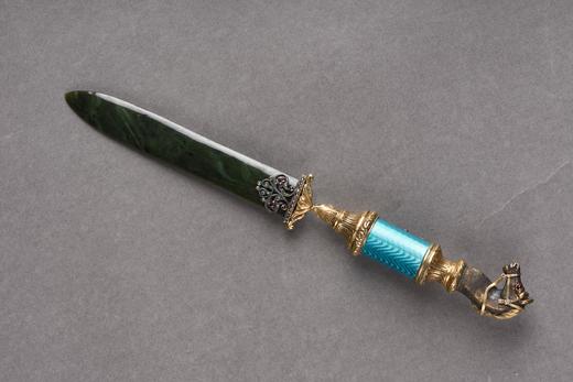 独角鹿西洋古董俄罗斯法贝热工坊马头造型蓝色珐琅碧玉翻书杖 商品图4