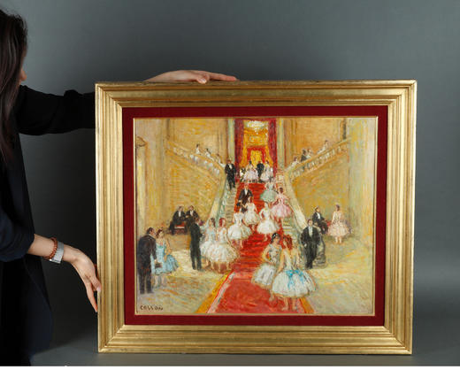 独角鹿西洋古董法国艺术家签名木板油画《巴黎歌剧院的台阶上》 商品图1