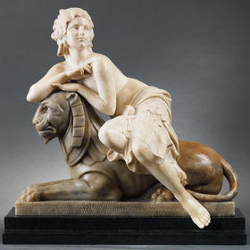 独角鹿西洋古董雕塑女子与狮身人面像主题雪花大理石蛇纹石雕像