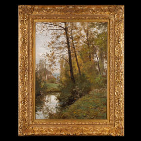 独角鹿西洋古董法国画家E.ISENBART签名风景布面油画《杜河风光》