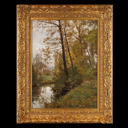 独角鹿西洋古董法国画家E.ISENBART签名风景布面油画《杜河风光》 商品图0