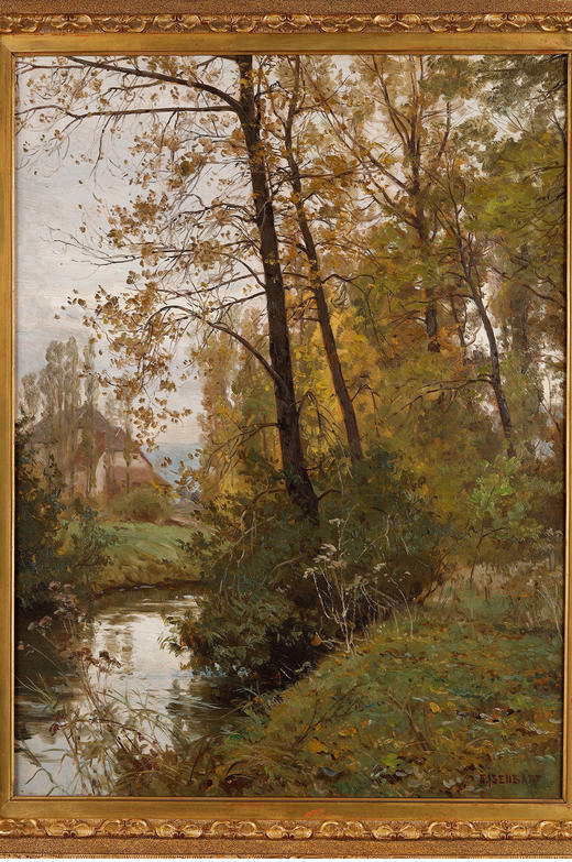 独角鹿西洋古董法国画家E.ISENBART签名风景布面油画《杜河风光》 商品图2