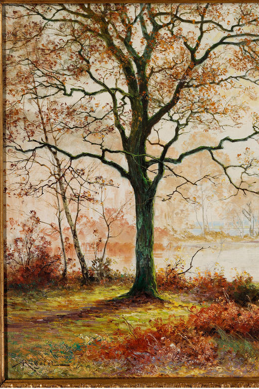 独角鹿西洋古董巴比松画派画家Rigolot布面油画风景作品《池畔》 商品图3