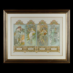 独角鹿西洋古董大师穆夏签名原版版画《四季Les Quatre Saisons》