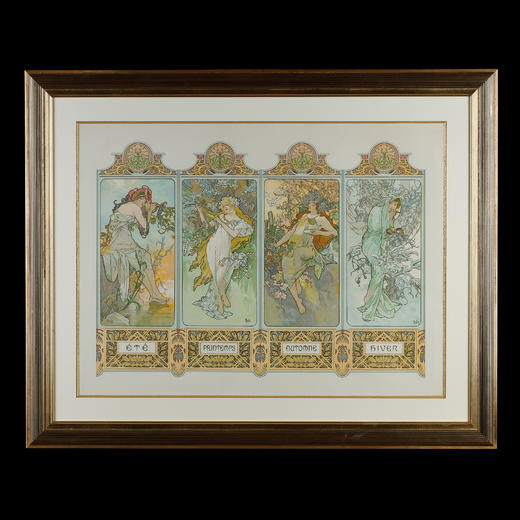 独角鹿西洋古董大师穆夏签名原版版画《四季Les Quatre Saisons》 商品图0