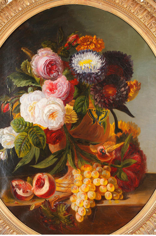 独角鹿西洋古董法国经典花卉静物布面油画一对原配椭圆形鎏金木框 商品图2