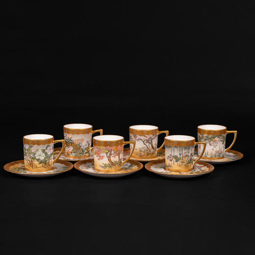 独角鹿西洋古董瓷器日本金彩色绘品錦光山造萨摩烧下午茶杯碟套件 商品图0