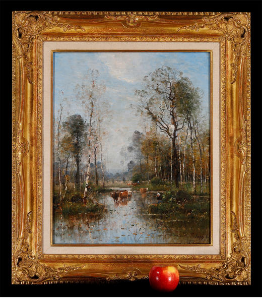 独角鹿西洋古董法国画家Japy签名风景布面油画林间空地中的牛群 商品图1