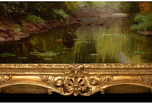 独角鹿西洋古董法国画家E. René-His签名布面油画《秋林碧水》 商品图3