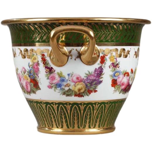 独角鹿西洋古董赛弗尔瓷器冰桶一对花卉绿釉描金伊特鲁里亚风格 商品图4