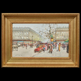 独角鹿西洋古董法国艺术家签名水粉画《络绎不绝的马德莱娜大道》