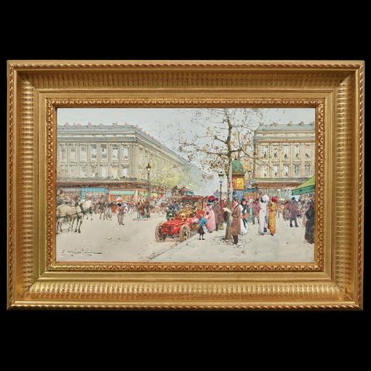 独角鹿西洋古董法国艺术家签名水粉画《络绎不绝的马德莱娜大道》 商品图0