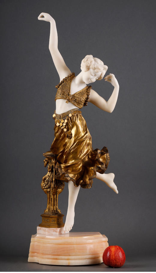 独角鹿西洋古董A.Gori签名出品东方舞伶主题铜鎏金及大理石雕塑 商品图1