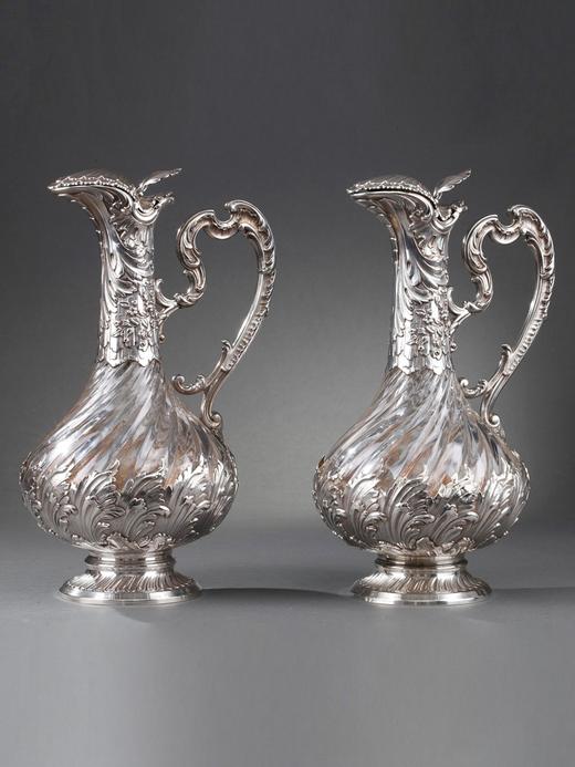 独角鹿西洋古董法国银匠工坊签名路易十五风纯银精雕水晶酒壶一对 商品图0