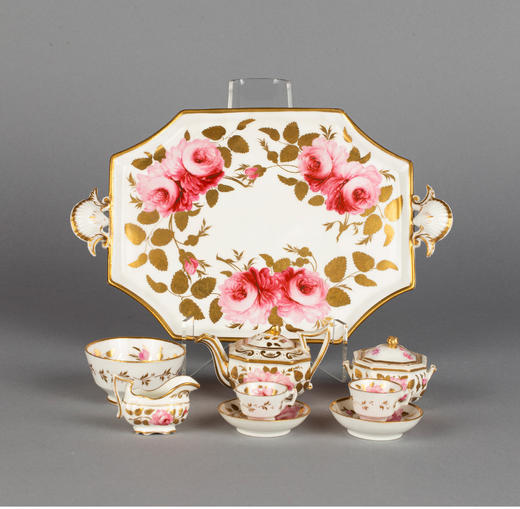 独角鹿西洋古董英国描金花卉图案微缩瓷器茶具托盘套装七件套 商品图1