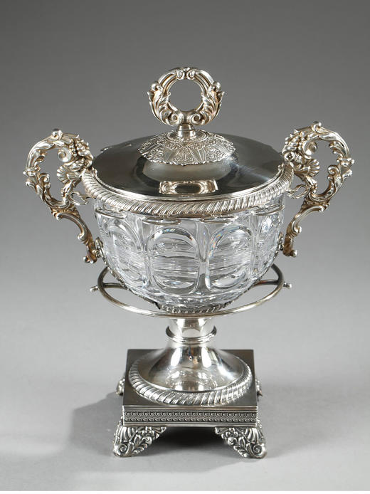 独角鹿西洋古董François-Julien Doyen路易十六风纯银水晶果酱樽 商品图3