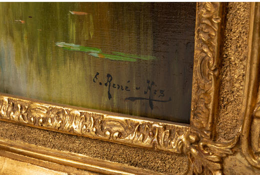 独角鹿西洋古董法国画家E. René-His签名布面油画《秋林碧水》 商品图4