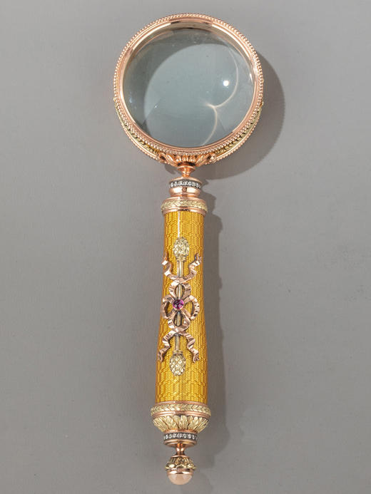 独角鹿西洋古董法贝热14K金镶红宝石玑镂珐琅水晶翻书杖放大镜 商品图3