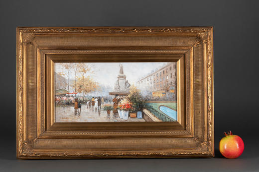 独角鹿西洋古董画家B.owen签名Marché aux Fleurs-花市主题油画 商品图1