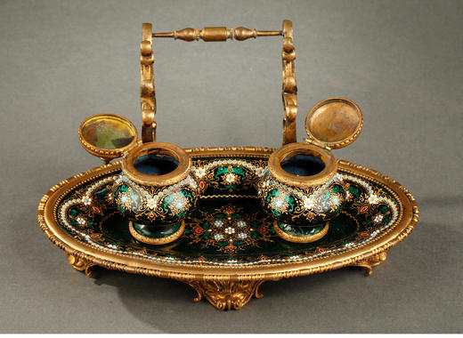 独角鹿西洋古董摆件法国手提式铜鎏金饰布雷松珐琅手绘墨水台 商品图3