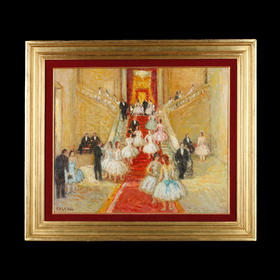 独角鹿西洋古董法国艺术家签名木板油画《巴黎歌剧院的台阶上》