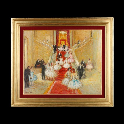 独角鹿西洋古董法国艺术家签名木板油画《巴黎歌剧院的台阶上》 商品图0