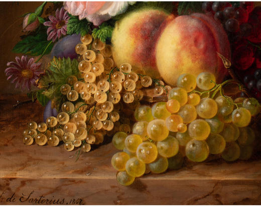 独角鹿西洋古董⽐利时画家V. de Sartorius签名布⾯油画花果静物 商品图3