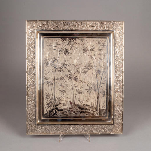 独角鹿西洋古董中国外销银器工坊WANG HING & CO传统竹鸟纯银托盘 商品图0