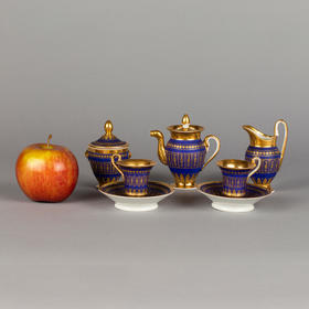 独角鹿西洋古董法国老巴黎瓷窑蓝釉描金微缩双人下午茶瓷器套装