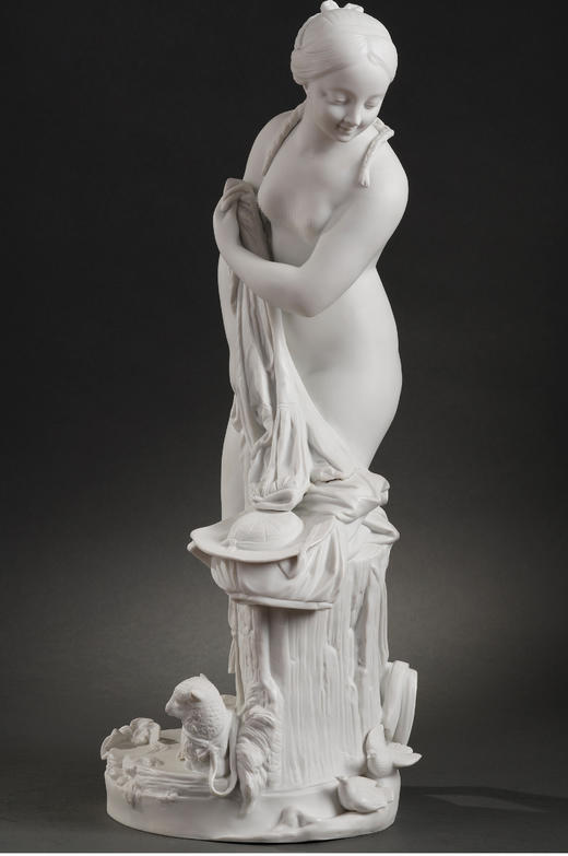 独角鹿西洋古董19世纪欧洲出品牧羊少女出浴主题素胎瓷雕塑摆件 商品图2