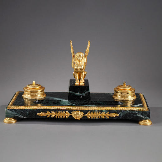 独角鹿西洋古董摆件法国大理石铜鎏金狮身人面斯芬克斯主题墨水台 商品图0