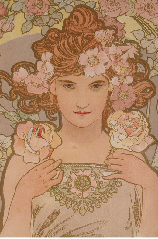 独角鹿西洋古董新艺术时期穆夏签名创作原版版画《玫瑰La Rose》 商品图4