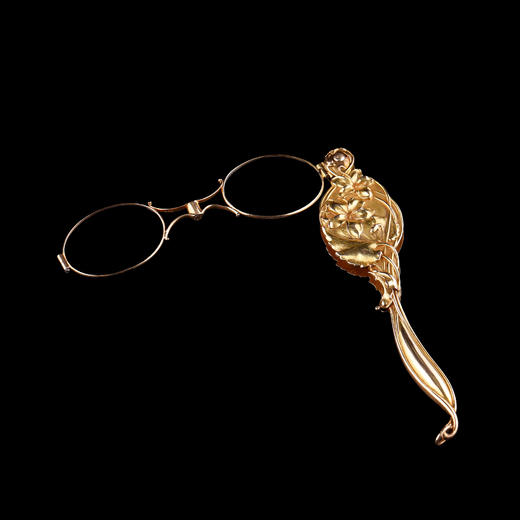 独角鹿西洋古董新艺术时期美国工坊出品14K金可折叠长柄手持眼镜 商品图0