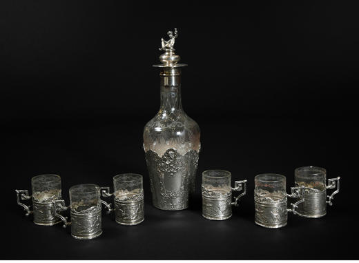 独角鹿西洋古董欧洲纯银精雕花园雅宴主题嵌刻花水晶酒具套装 商品图2